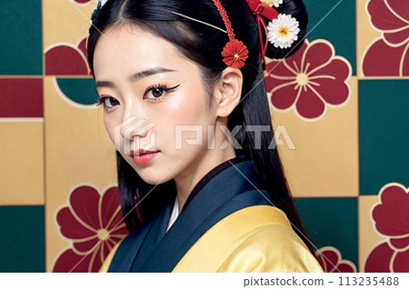 Woman wearing a yellow kimono Ukiyo-e painting of a beautiful woman 113235488