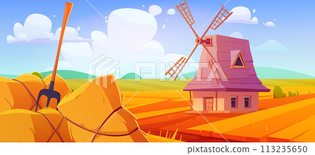 Wheat farm field with straw and mill illustration Wheat farm field with straw and mill illustration 113235650