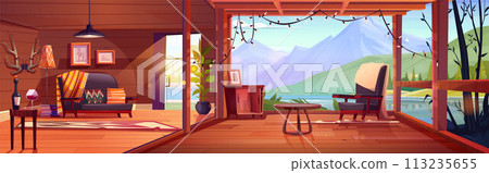 Living room and cabin terrace with mountain view 113235655