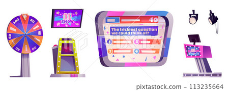 Quiz game show stage. Tv contest studio vector Quiz game show stage. Tv contest studio vector 113235664