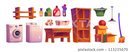 Basement laundry interior for house storage room 113235670