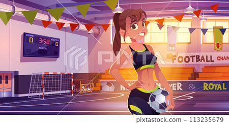 Girl with ball in school court for soccer cartoon 113235679