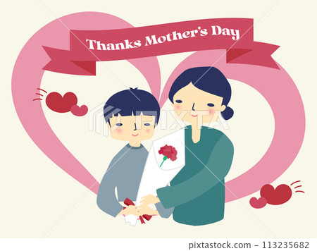 Thanks Mother’s Day, child giving red carnation bouquet to mother Thanks Mother’s Day, child giving red carnation bouquet to mother 113235682