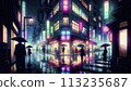 A street corner lit up with neon lights on a rainy night 113235687