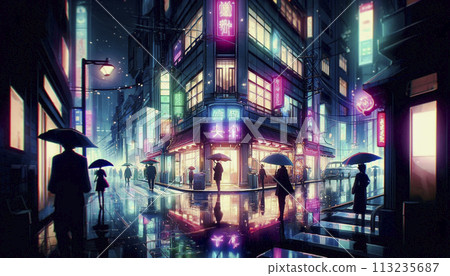 A street corner lit up with neon lights on a rainy night A street corner lit up with neon lights on a rainy night 113235687