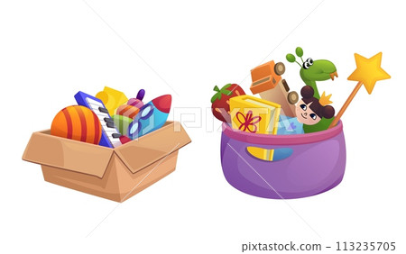 Toy box and basket isolated on white background 113235705