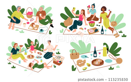 People having picnic outdoors. Collection of scenes with friends spend time in nature, eating food, drinking. Flat cartoon picnic baskets, meals set. Vector illustration of family relaxing in summer 113235830