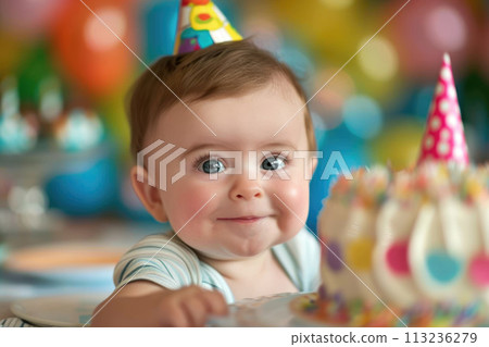 Smiling baby in festive cap on his birthday 113236279