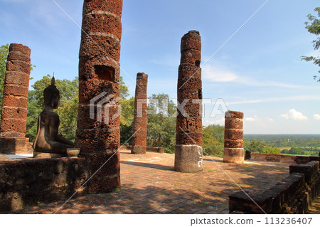 View from Wat Saphan Hin temple on the hill of Sukhothai Historical Park, a world cultural heritage site in Sukhothai, the ancient capital of northern Thailand 113236407