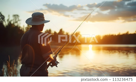 Illustration of a man is fishing by the water's edge with a thin mist floating above the water showing the cool air under the warm and beautiful morning sun. It's a very nice and private atmosphere. Illustration of a man is fishing by the water's edge with a thin mist floating above the water showing the cool air under the warm and beautiful morning sun. It's a very nice and private atmosphere. 113236475