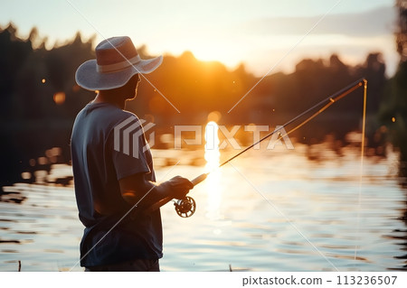 Illustration of a man is fishing by the water's edge with a thin mist floating above the water showing the cool air under the warm and beautiful morning sun. It's a very nice and private atmosphere. Illustration of a man is fishing by the water's edge with a thin mist floating above the water showing the cool air under the warm and beautiful morning sun. It's a very nice and private atmosphere. 113236507