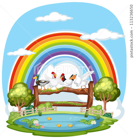 Colorful Farm Life Under Rainbow 113236650