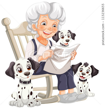 Grandmother Reading with Playful Puppies Grandmother Reading with Playful Puppies 113236655