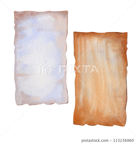Watercolor old parchment paper scroll sheet, vintage age texture isolated on white background for stylish Book Day, scrapbook, libraries, website, sticker, border, certificate, label, invitation 113236860