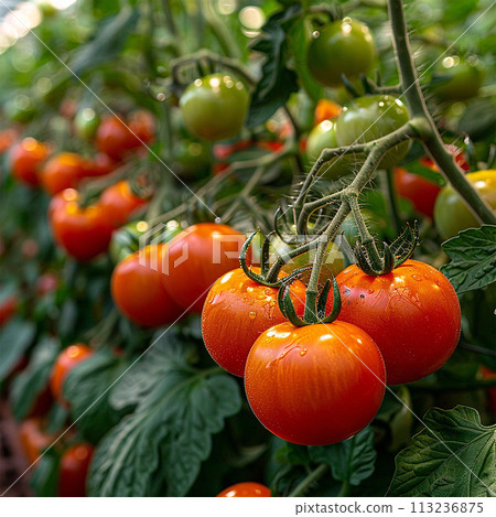 Fresh bunch of red natural tomatoes on a branch 113236875