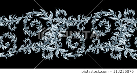 Monochrome gray floral watercolor seamless horizontal pattern with branches and leaves for stylish vintage design, template, banner, sticker, tattoo, background, textile, fabric, scrapbook, invitation 113236876