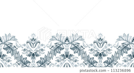 Monochrome gray floral watercolor seamless horizontal pattern with branches and leaves for stylish vintage design, template, banner, sticker, tattoo, background, textile, fabric, scrapbook, invitation Monochrome gray floral watercolor seamless horizontal pattern with branches and leaves for stylish vintage design, template, banner, sticker, tattoo, background, textile, fabric, scrapbook, invitation 113236896