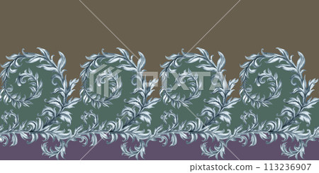 Monochrome gray floral watercolor seamless horizontal pattern with branches and leaves for stylish vintage design, template, banner, sticker, tattoo, background, textile, fabric, scrapbook, invitation 113236907