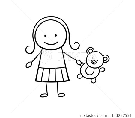 Funny doodle girl and teddy bear toy. Happy cute doodle kid and toy. Funny child with teddy bear. Hand drawn girl. Vector illustration in hand drawn style isolated on white background 113237551