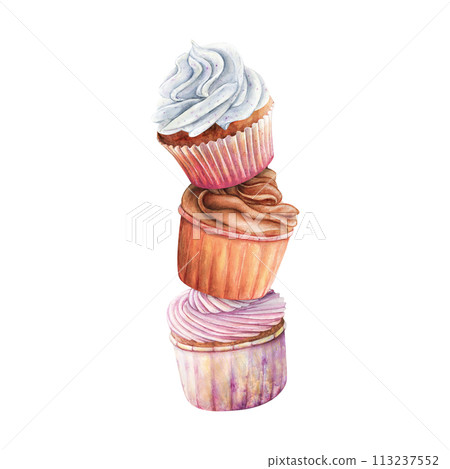 Cupcake muffin tower watercolor drawing chocolate vanilla cream. Cake bakery sweet dessert illustration. Birthday celebration pastry aquarelle isolated on white background. Whipped butter pile fruit 113237552