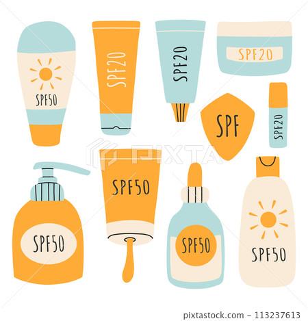 Set of Sunscreens, lotions with SPF. Sunscreen protection and sun safety. Sunscreen, lotion with SPF. Sunscreen lotion isolated. hand drawn vector illustration. Flat style. 113237613
