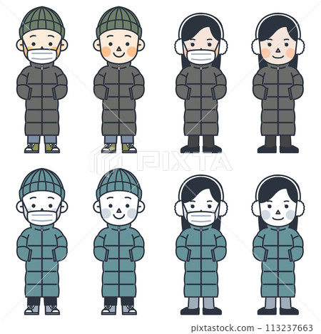 Illustrations of men and women in long padded jackets Illustrations of men and women in long padded jackets 113237663