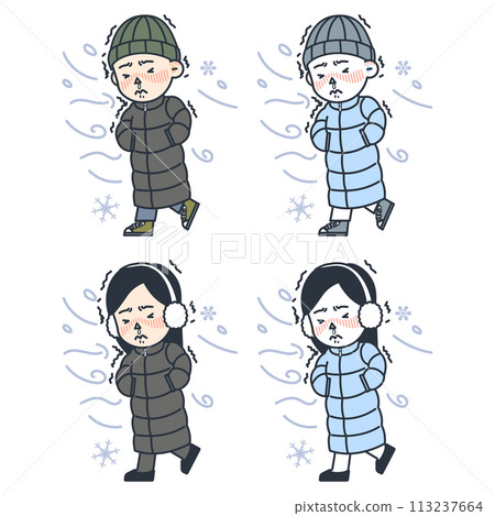 illustrations of men and women wearing long padded coats and shivering in the cold 113237664