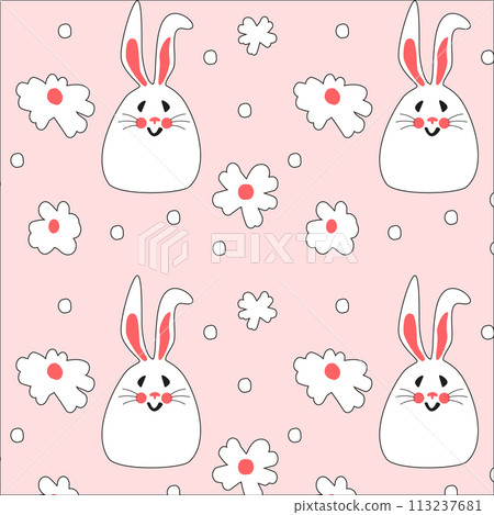 Seamless pattern with cute white rabbits with flowers. Easter bunnies for printing on childrens products, fabric and wallpaper on a pink background. Cartoon flat vector illustration. Seamless pattern with cute white rabbits with flowers. Easter bunnies for printing on childrens products, fabric and wallpaper on a pink background. Cartoon flat vector illustration. 113237681