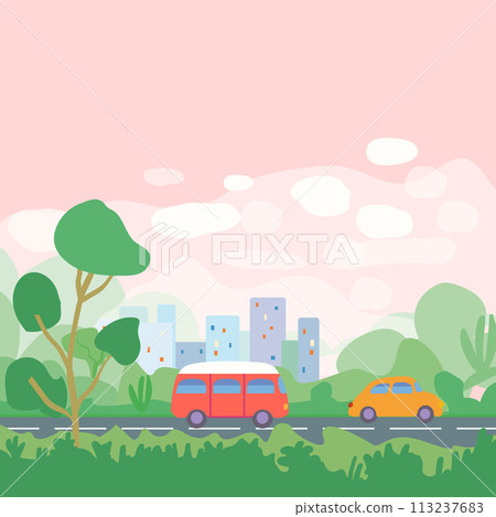 Summer travel poster by car past the city. A yellow car and a red minibus. Urban park and road. Template for poster, web page or banner. Flat vector illustration 113237683