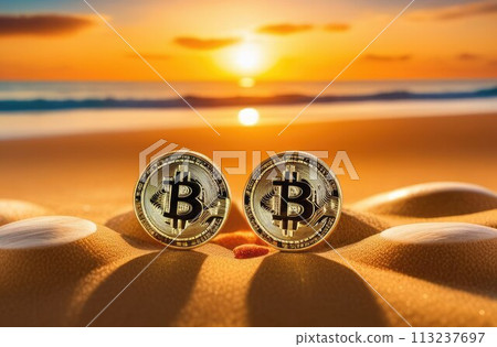 Concept. Bitcoin gold coins lie on the sand, near the ocean. Expensive cryptocurrency, mining. Close-up. 113237697