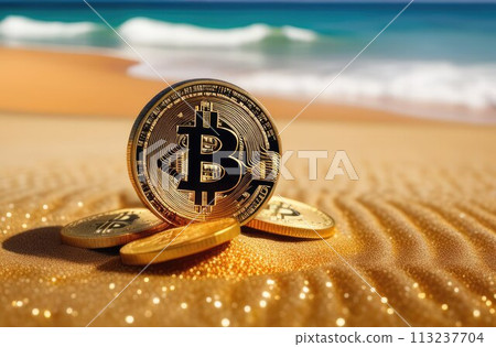 Concept. Bitcoin gold coins lie on the sand, near the ocean. Expensive cryptocurrency, mining. Close-up. 113237704