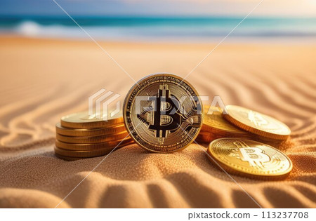 Concept. Bitcoin gold coins lie on the sand, near the ocean. Expensive cryptocurrency, mining. Close-up. 113237708