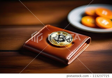 A bitcoin coin lies on a wallet on a wooden table. Expensive cryptocurrency, mining. Close-up. A bitcoin coin lies on a wallet on a wooden table. Expensive cryptocurrency, mining. Close-up. 113237725