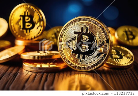 Gold bitcoin coins close-up on a wooden table. Dark background. Payment system concept. cryptocurrency 113237732