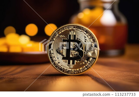 Gold bitcoin coins close-up on a wooden table. Dark background. Payment system concept. Bokeh.cryptocurrency Gold bitcoin coins close-up on a wooden table. Dark background. Payment system concept. Bokeh.cryptocurrency 113237733