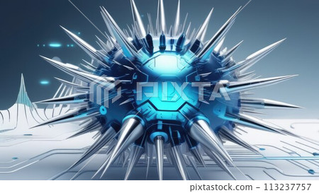 Coronavirus COVID-19 virus under a microscope in a blood sample. Virus X. Bacterial outbreak. New, unknown virus cells. Flu. Engineering virus, scientific biology. Disease concept. 113237757