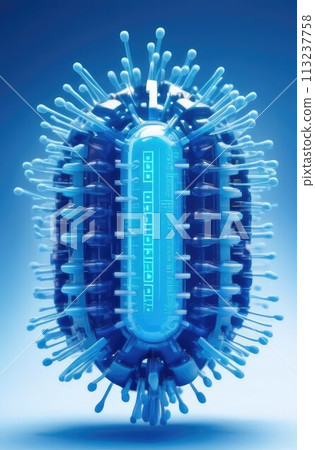 Coronavirus COVID-19 virus under a microscope in a blood sample. Virus X. Bacterial outbreak. New, unknown virus cells. Flu. Engineering virus, scientific biology. Disease concept. 113237758