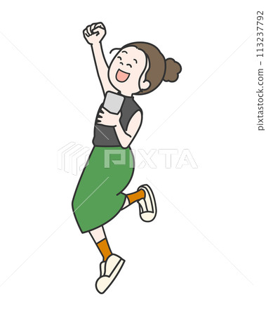 A woman jumping with a smartphone 113237792