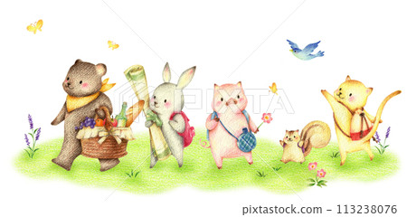 綠色田野裡的動物在野餐時行走,手繪色鉛筆畫 綠色田野裡的動物在野餐時行走,手繪色鉛筆畫 113238076