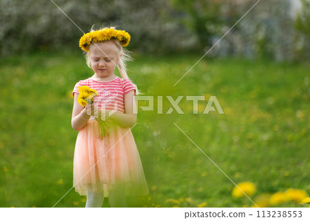 Little girl Thoughtful on meadow with dandelions. Fair-haired girl wears wreath of flowers. Summer vacation time. 113238553