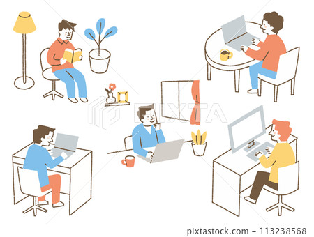 Set of men doing telework in their room_color Set of men doing telework in their room_color 113238568