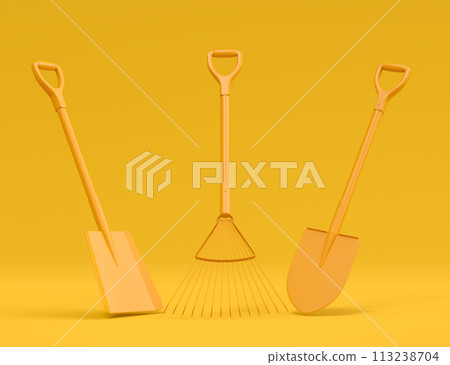 Garden shovel, pitchfork and rake on monochrome background, camping concept 113238704