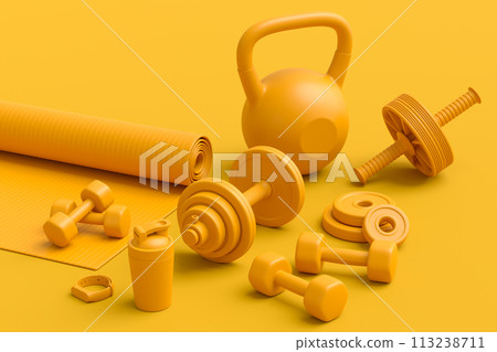 Isometric view of sport equipment like kettlebell, fitness ball and yoga mat 113238711