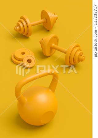 Isometric view of sport equipment like kettlebell, fitness ball and yoga mat Isometric view of sport equipment like kettlebell, fitness ball and yoga mat 113238717