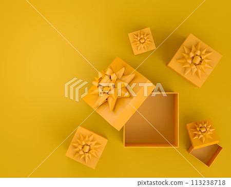 Gift boxes with ribbon and bow for Christmas flying and falling on monochrome Gift boxes with ribbon and bow for Christmas flying and falling on monochrome 113238718