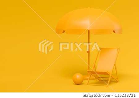 Colorful beach rings, chair, umbrellas and luggage on monochrome background. 113238721