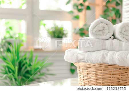 Stack of clean towels in laundry wicker basket bathroom. The towels showcasing their soft and fluffy after laundry 113238735