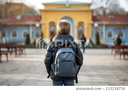 school boy with backpack stand in front of school 113238758