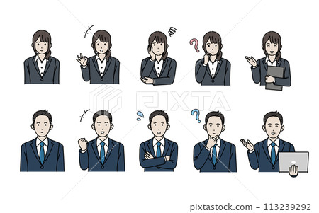 Illustration set of male and female office workers in suits and business people Illustration set of male and female office workers in suits and business people 113239292