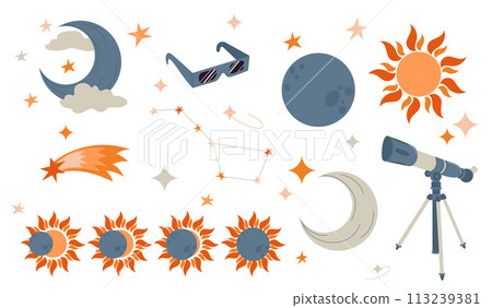 Solar eclipse set, astronomy concept. Illustration of solar eclipse stages, moon, sun, telescope isolated on white background. Vector design element for project, banner, invitation. 113239381